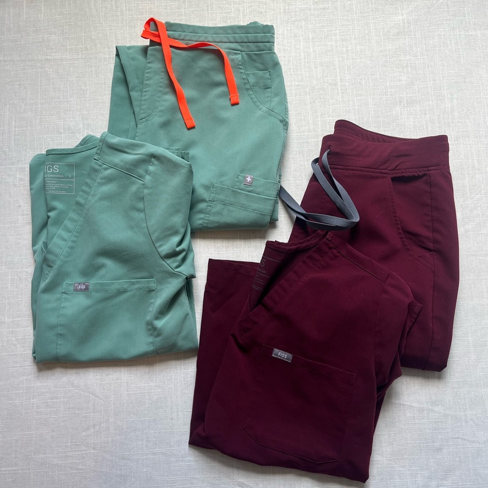 Burgundy and Teal Figs Scrubs - 2 Sets
